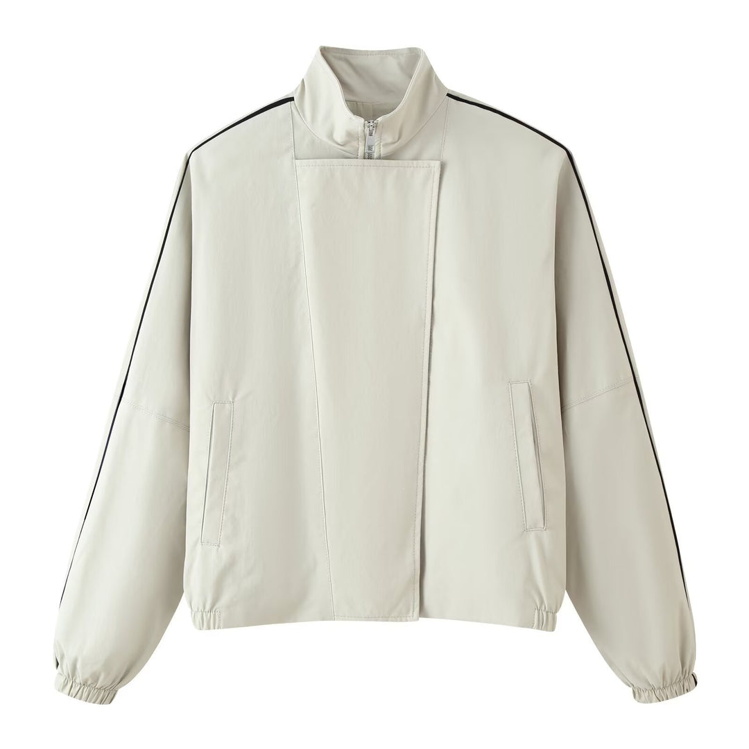 Ladies sporty-minimalist transitional jacket with high funnel collar, concealed placket and contrast piping Amarae
