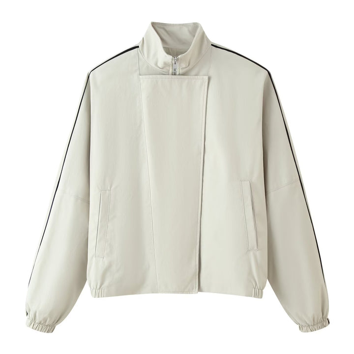 Ladies sporty-minimalist transitional jacket with high funnel collar, concealed placket and contrast piping Amarae