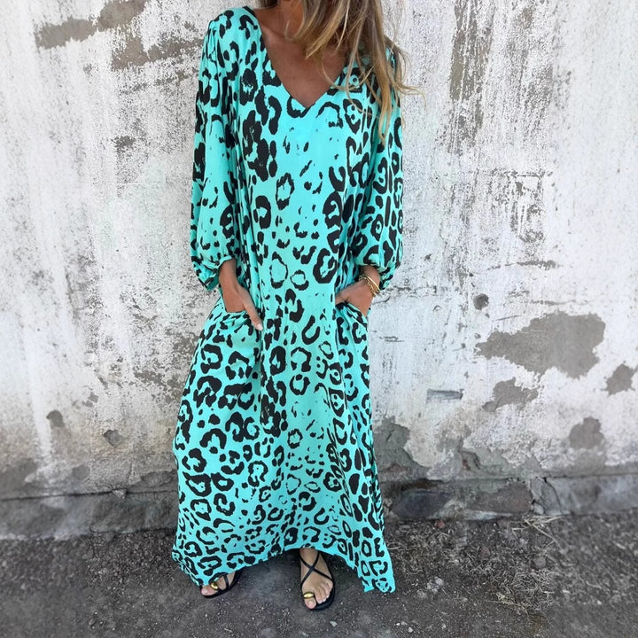 Maxi dress for women with deep V neckline and side pockets Lune London