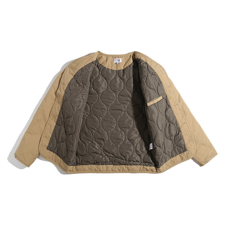 Unisex Lightly Quilted Round Neck Transitional Jacket with Button Placket and Patch Pockets Amarae