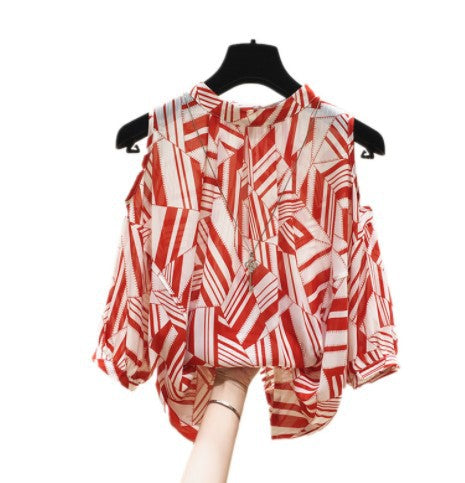 Woman Shoulder Cutout Geometric Print Chic Blouse