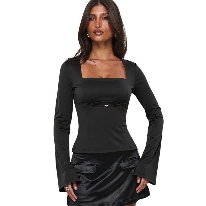 Top femme à manches longues avec encolure rectangulaire et détails de volants élégants Chic & Stil