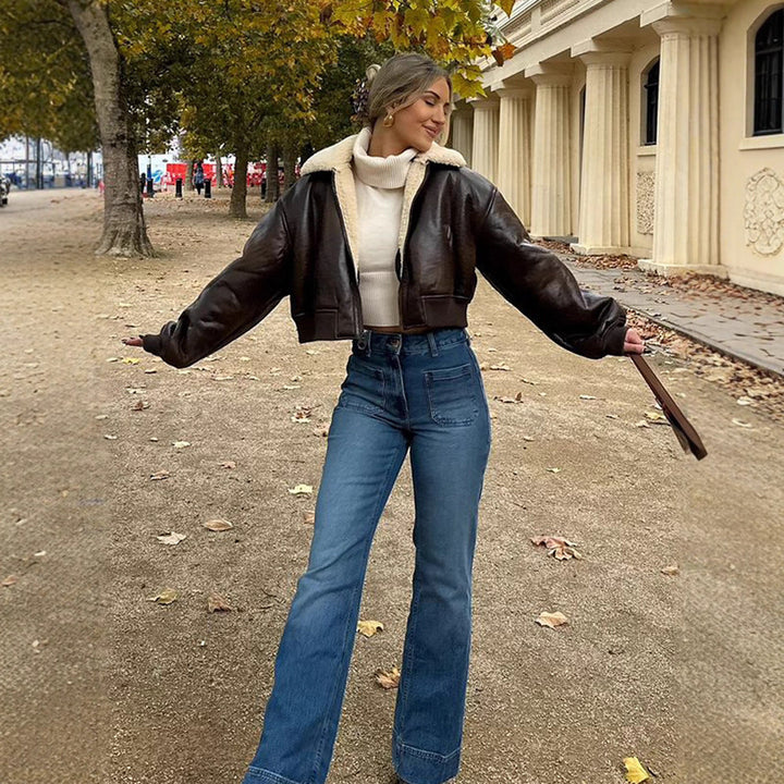 Ladies short cut pilot jacket with teddy lining and oversized sleeves Amarae