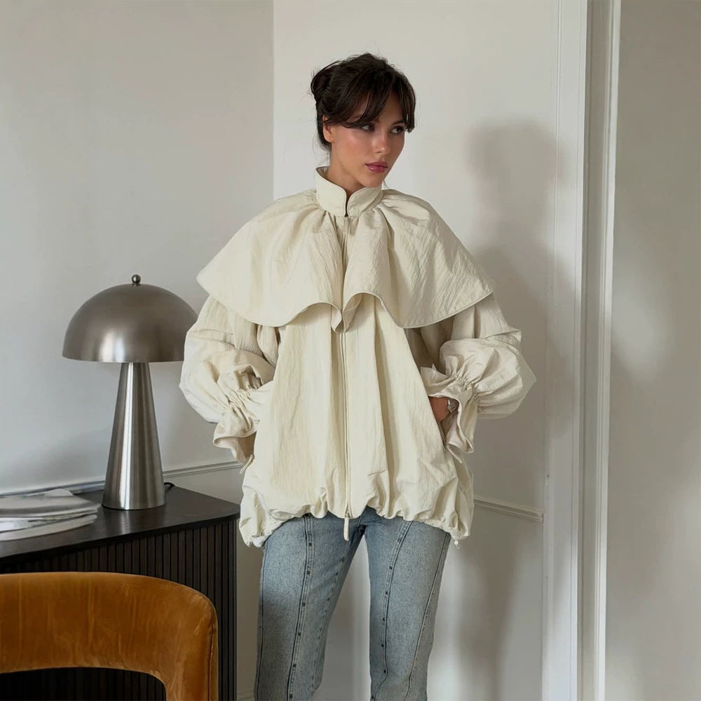 Women's Oversized Jacket with Cape Collar, Balloon Sleeves and Drawstring Amarae