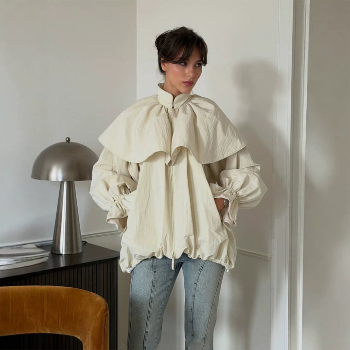 Women's Oversized Jacket with Cape Collar, Balloon Sleeves and Drawstring Amarae