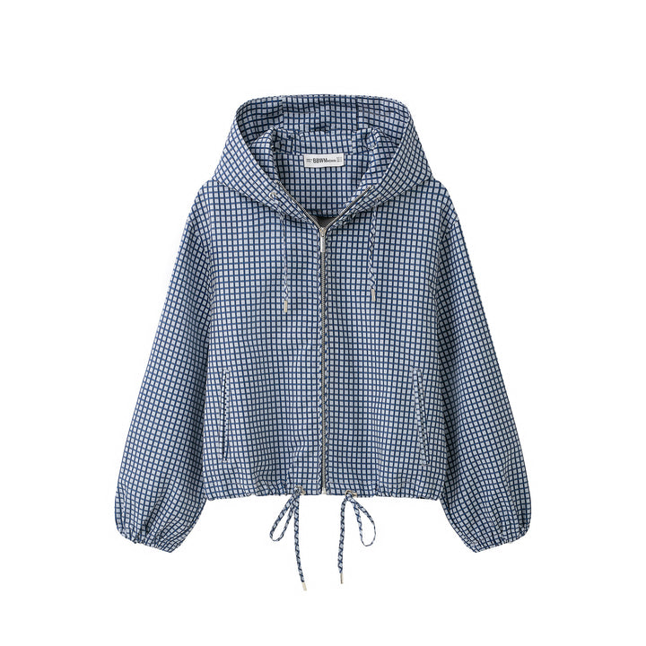 Women Checked Cropped Hoodie with Drawstring and Zipper Amarae