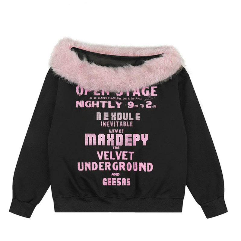 Women's oversized sweatshirt with faux fur collar, soft inner lining and typographic statement print Amarae
