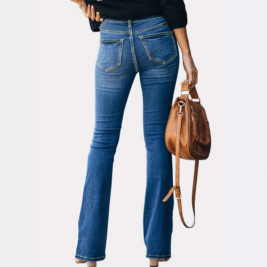 Women High-Waisted Button-Fly Flared Jeans with Sculpting Center Seam Amarae