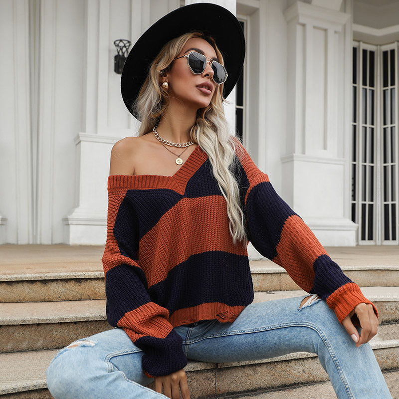 Pull en tricot surdimensionné pour femme avec encolure en V et rayures bloquées Chic & Stil