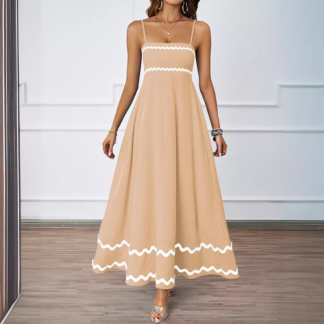 Women Long Maxi Dress with Spaghetti Straps and Decorative Hem Lune London