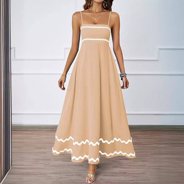 Women Long Maxi Dress with Spaghetti Straps and Decorative Hem Lune London