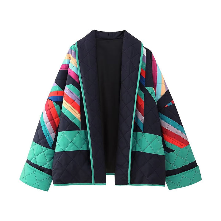 Ladies Quilted Kimono Jacket with Graphic Color Block Print and Open Front Amarae