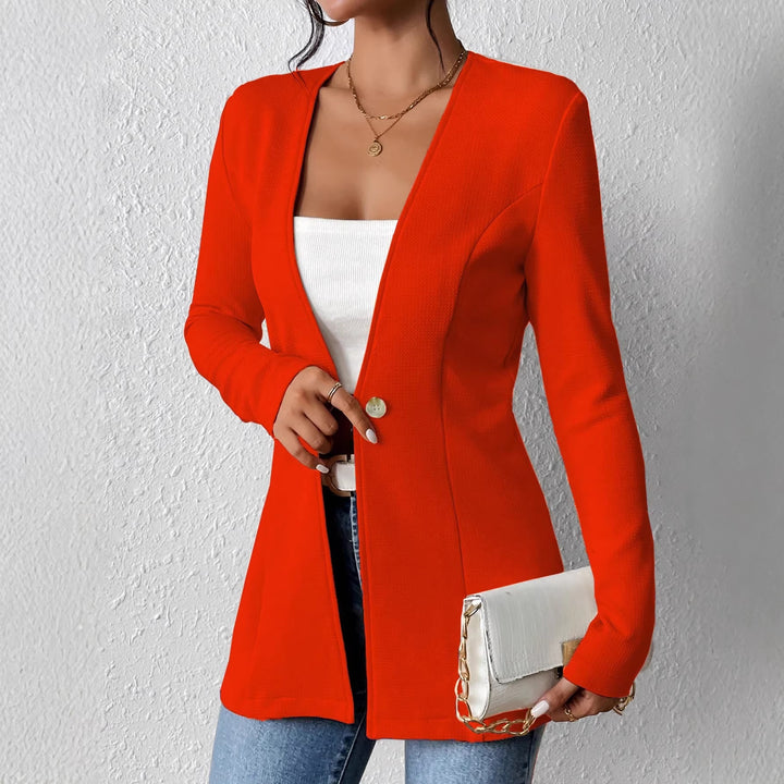 Ladies Tailored Long Blazer with V-Neck and One-Button Closure Amarae
