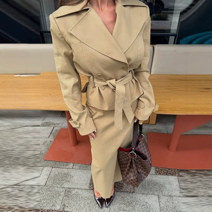 Women Tailored Trench Set with Peplum, Tied Belt & Pencil Skirt Amarae