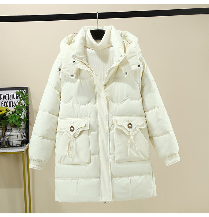 Ladies Long Puffer Jacket with practical hood collar and large pockets Lune London