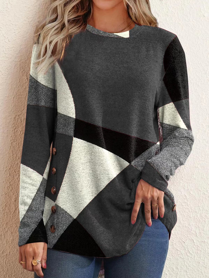 Women's fine knit sweater with geometric color block and decorative buttons Amarae