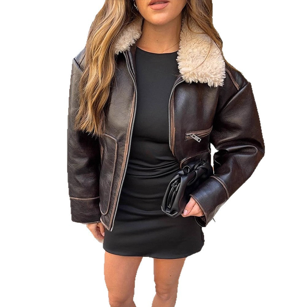 Women Short Cut Leather Imitation Bomber Jacket with Voluminous Teddy Shawl Collar and Distinctive Decorative Seams Amarae