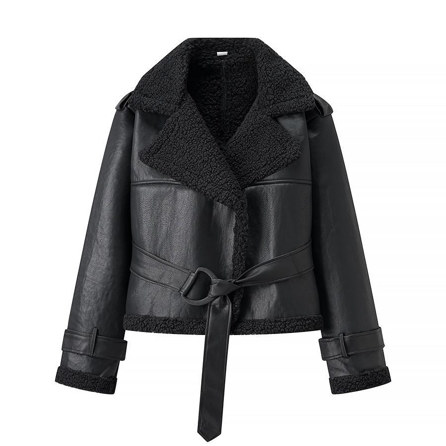 Faux leather jacket for women with teddy lining and adjustable belt Lune London