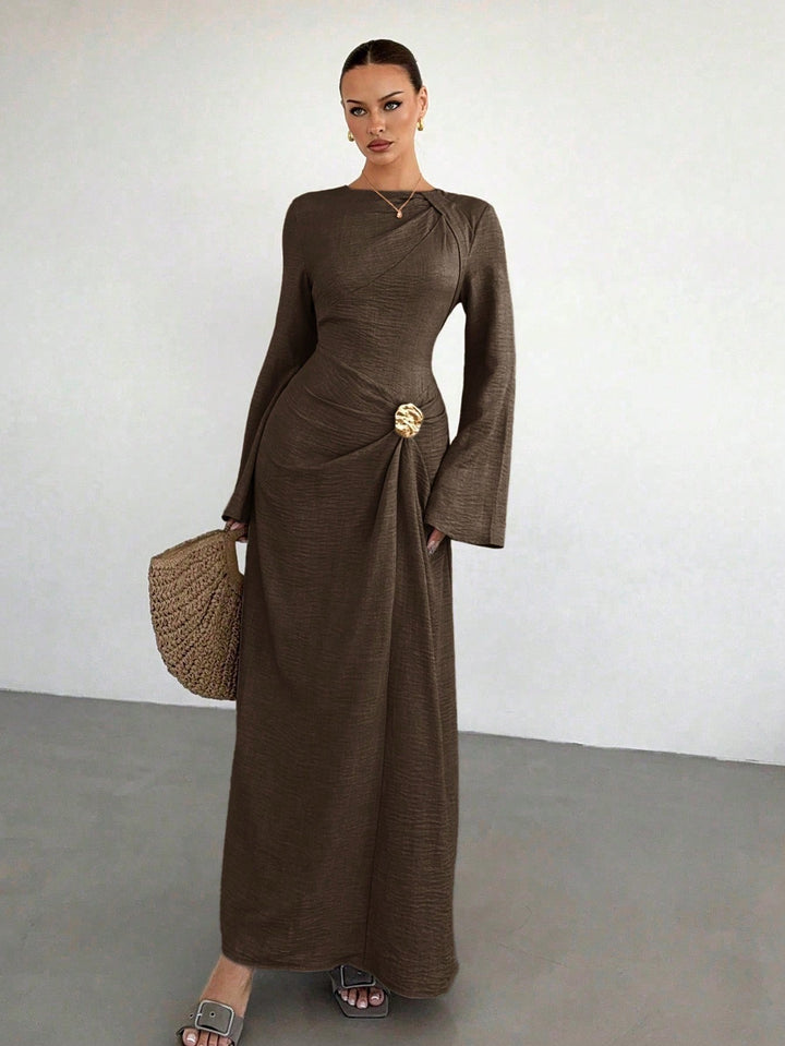 Ladies max dress with draping, decorative brooch and wide trumpet sleeves Amarae
