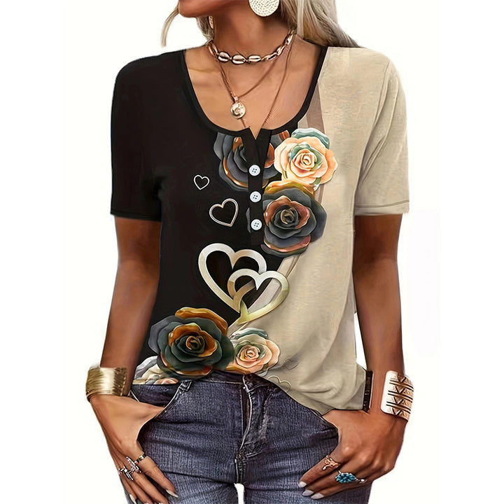 Short sleeve women's t-shirt with heart-shaped floral design and button placket Lune London