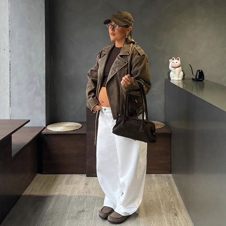 Women Suede-Look Biker Jacket with Shoulder Flaps and Asymmetrical Zipper Amarae
