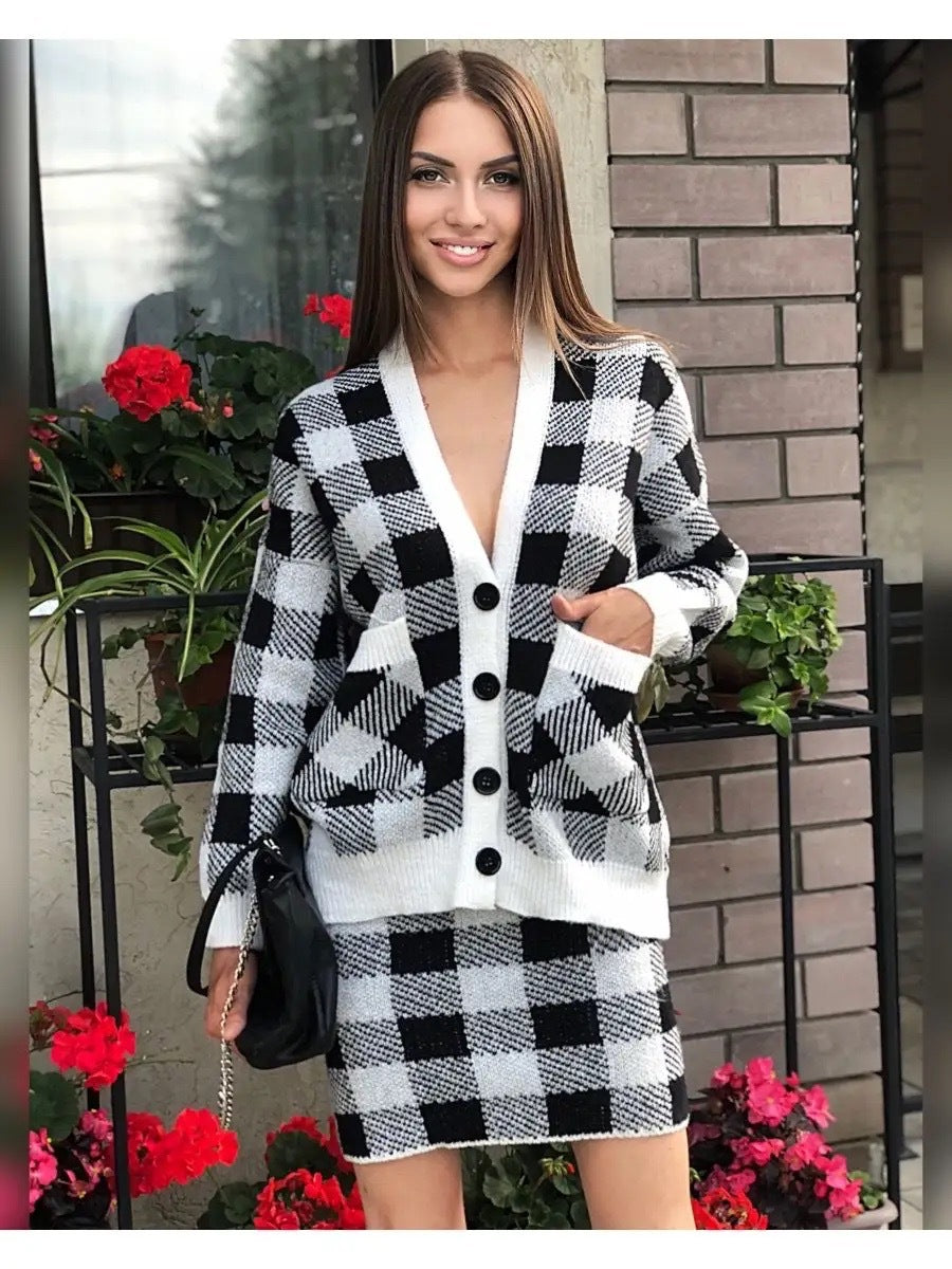 Ensemble tricot pour femmes avec motif à carreaux moderne et poches pratiques Chic & Stil