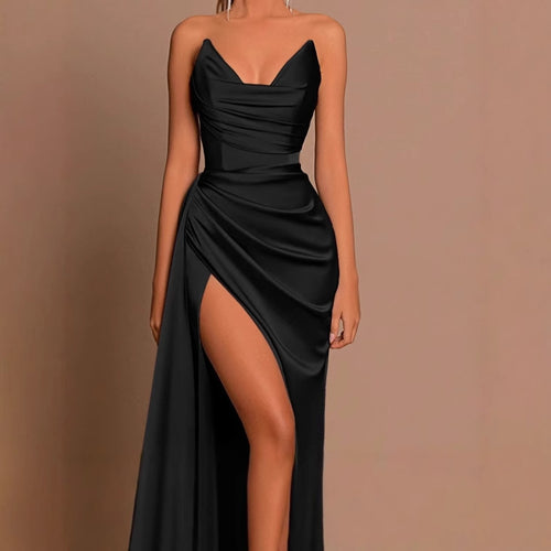 Ladies Elegant Long Sleeve Maxi Dress with Draped Details and Chic High Slit