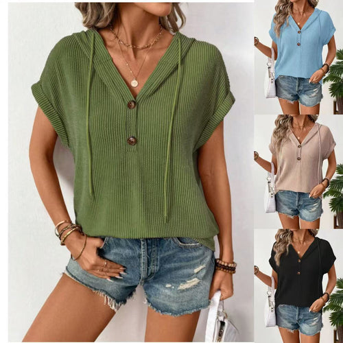 Casual short sleeve shirt for women with button placket and hood Amarae