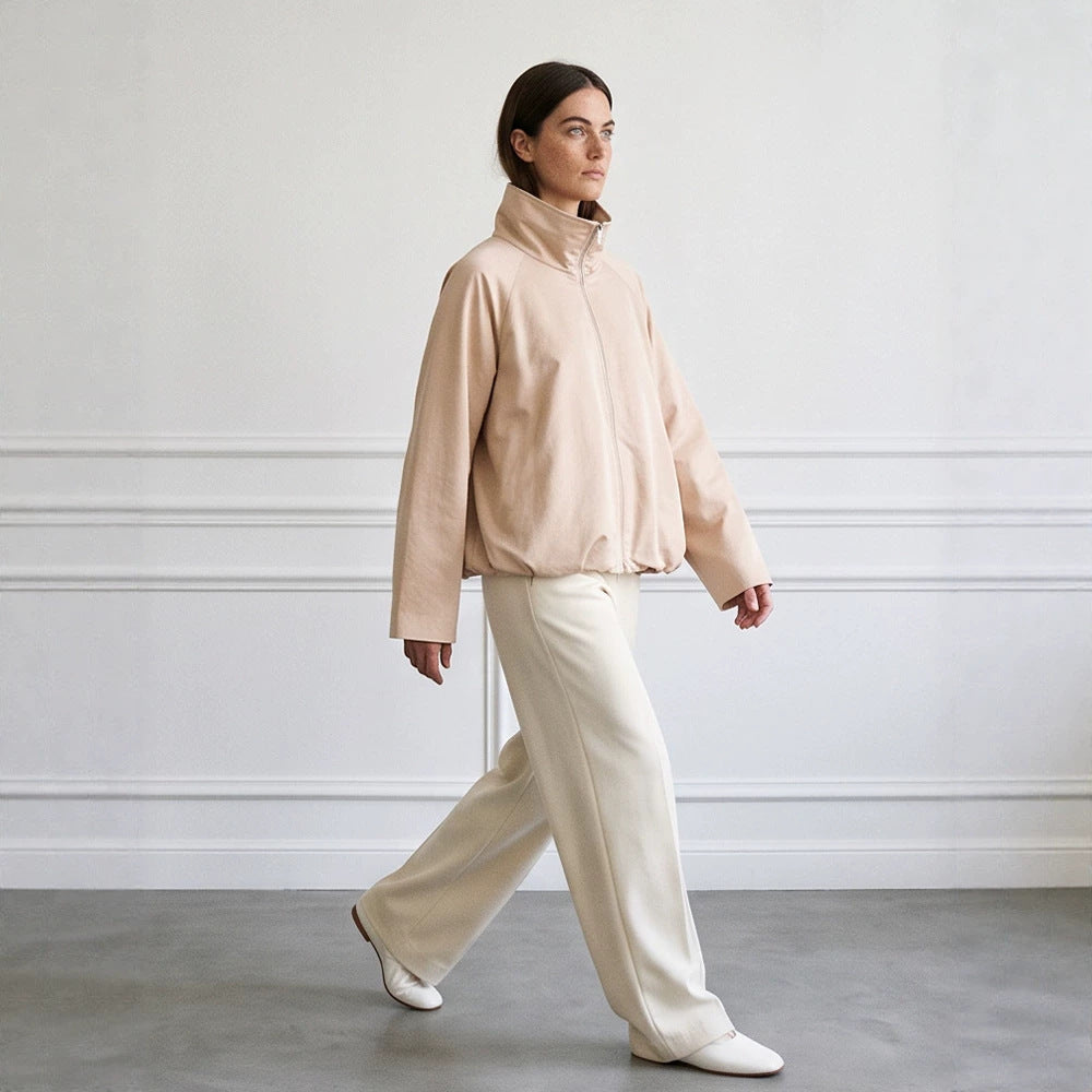 Women's light transitional jacket with high stand-up collar, raglan sleeves, and ballooned hem Amarae