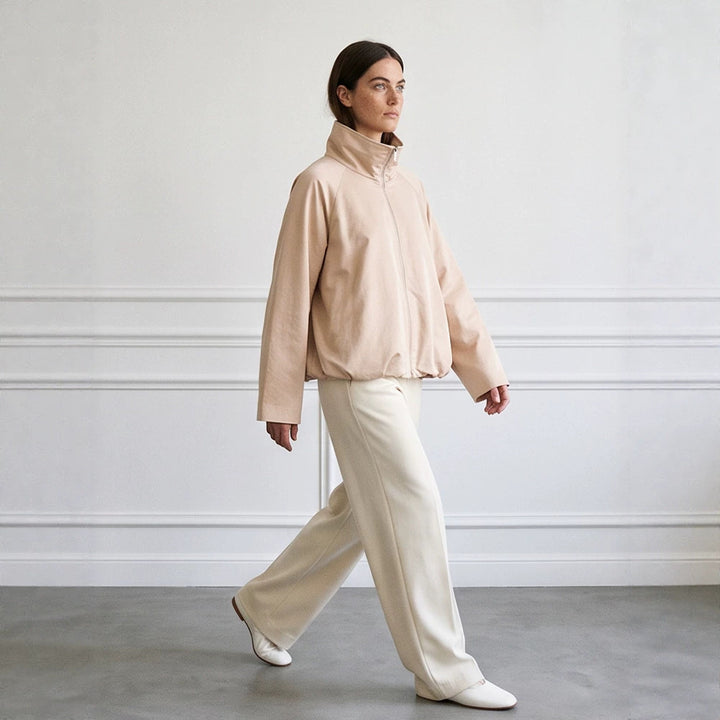 Women's light transitional jacket with high stand-up collar, raglan sleeves, and ballooned hem Amarae