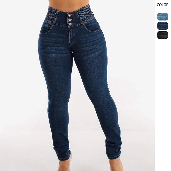 High-waisted skinny jeans for women with elastic waistband and decorative buttons Chic & Stil