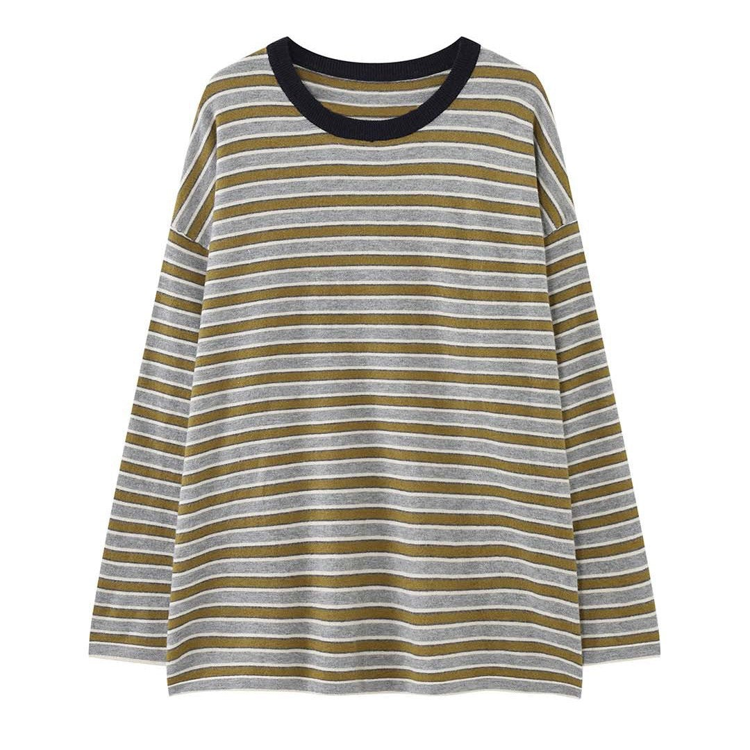 Women Striped Oversize Fine Knit Long Sleeve with Contrasting Round Neckline Amarae