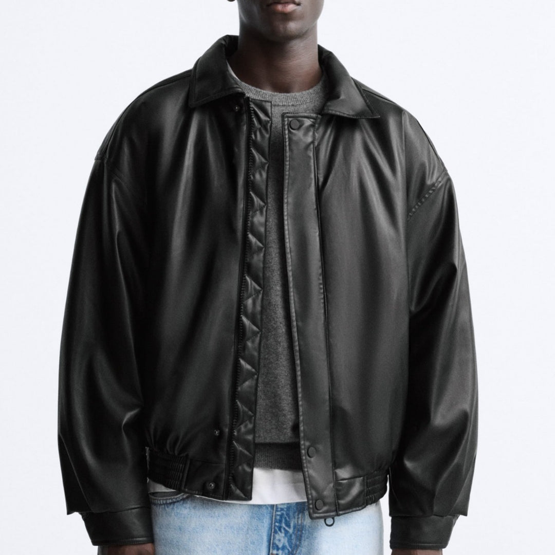 Men's Oversized Faux Leather Blouson with Shirt Collar and Elastic Hem Amarae