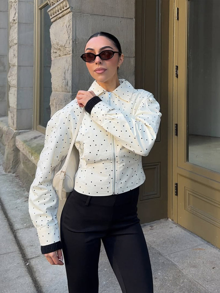 Women's tailored short jacket with polka-dot perforation, shirt collar, and concealed zipper Amarae