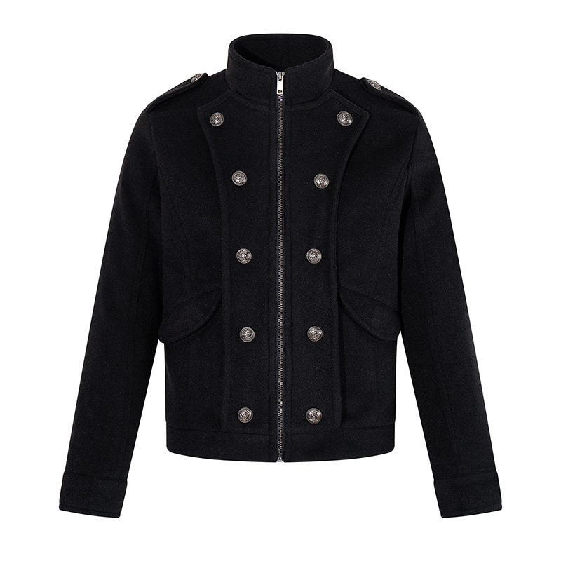 Men's short military-inspired wool jacket with stand-up collar & double-breasted decorative buttons Amarae