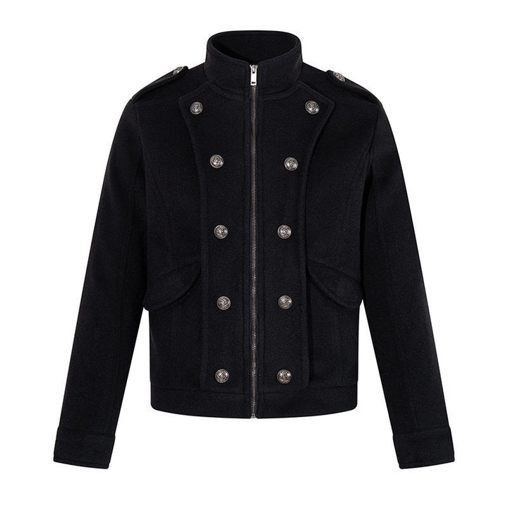 Men's short military-inspired wool jacket with stand-up collar & double-breasted decorative buttons Amarae