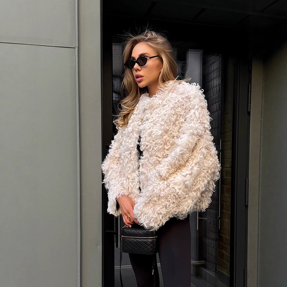 Women's Boxy Short Coat in Curl Teddy Look with Boxy Silhouette Amarae