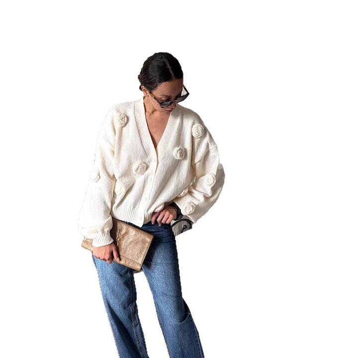 Women's Oversized Knit Cardigan with Three-Dimensional Rose Appliqués and V-Neck Amarae
