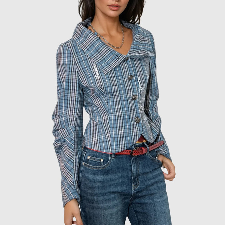 Checkered bomber jacket for women with high collar and unique details Lune London