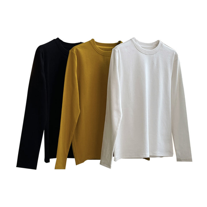 Women finely crafted long sleeve basic shirt made of cotton blend with round neckline Amarae