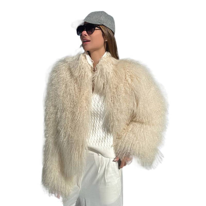 Women's Cozy Short Jacket in Lambskin Look with Curly Long Pile Structure Amarae