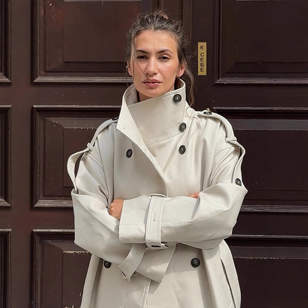 Women's waistless long trench coat in oversized cut with double button placket and shoulder epaulettes Amarae