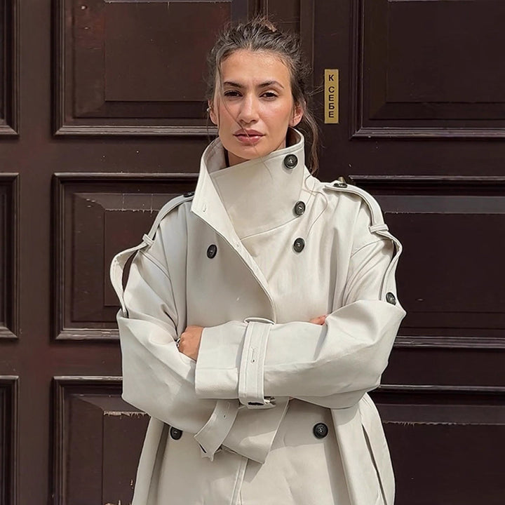 Women's waistless long trench coat in oversized cut with double button placket and shoulder epaulettes Amarae
