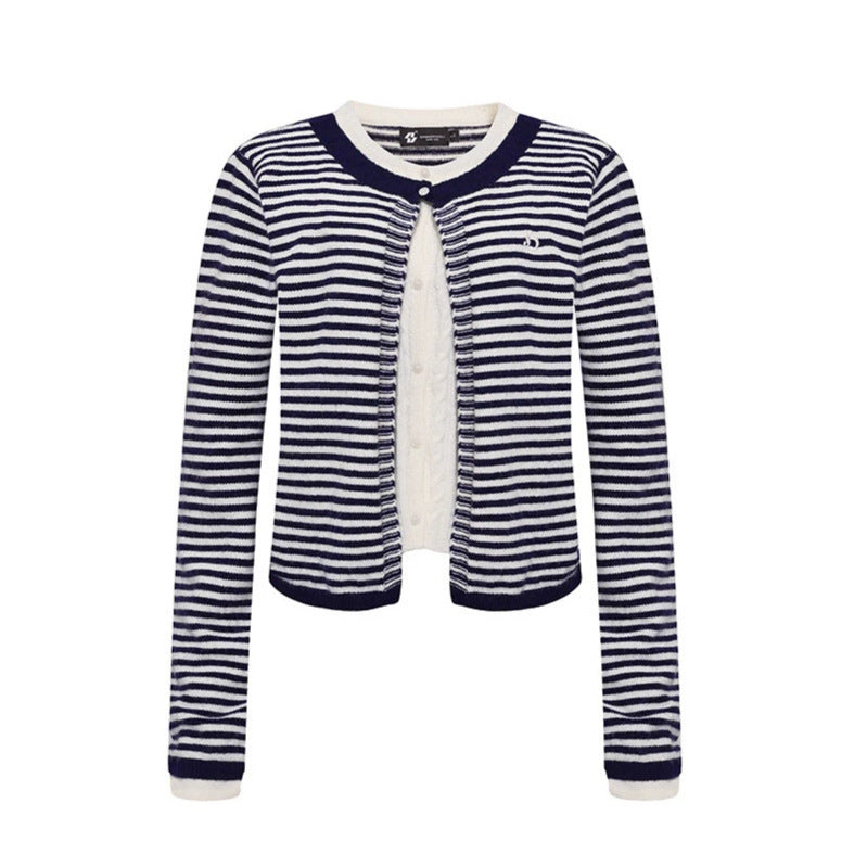 Women's Short Layered Cardigan with Round Neck and Fine Stripes Amarae