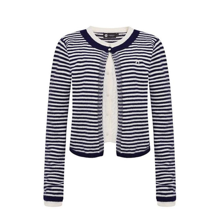Women's Short Layered Cardigan with Round Neck and Fine Stripes Amarae