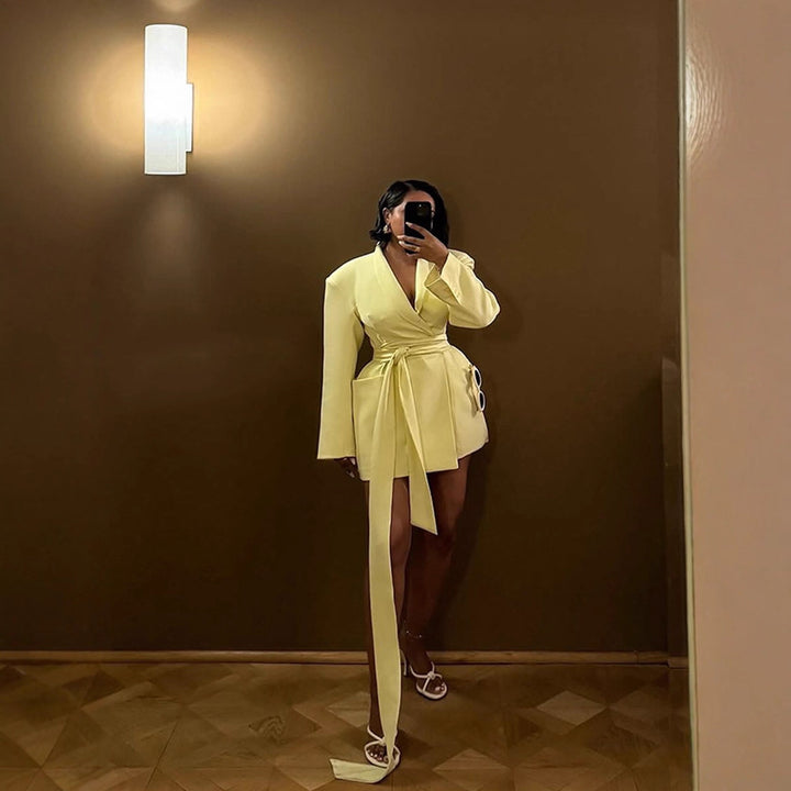 Women's Tailored Blazer Dress with Draped Tie Belt and Structured Shoulders Amarae