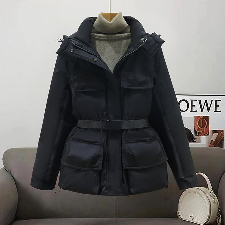 Ladies insulated parka with practical belt at the waist and large pockets Lune London