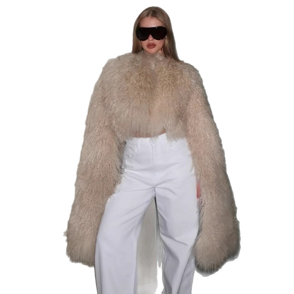 Women Extravagant Oversize Faux Fur Coat with Long Pile Curl Structure Amarae