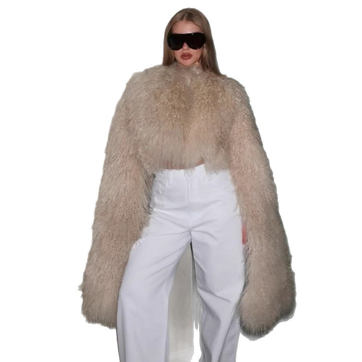 Women Extravagant Oversize Faux Fur Coat with Long Pile Curl Structure Amarae