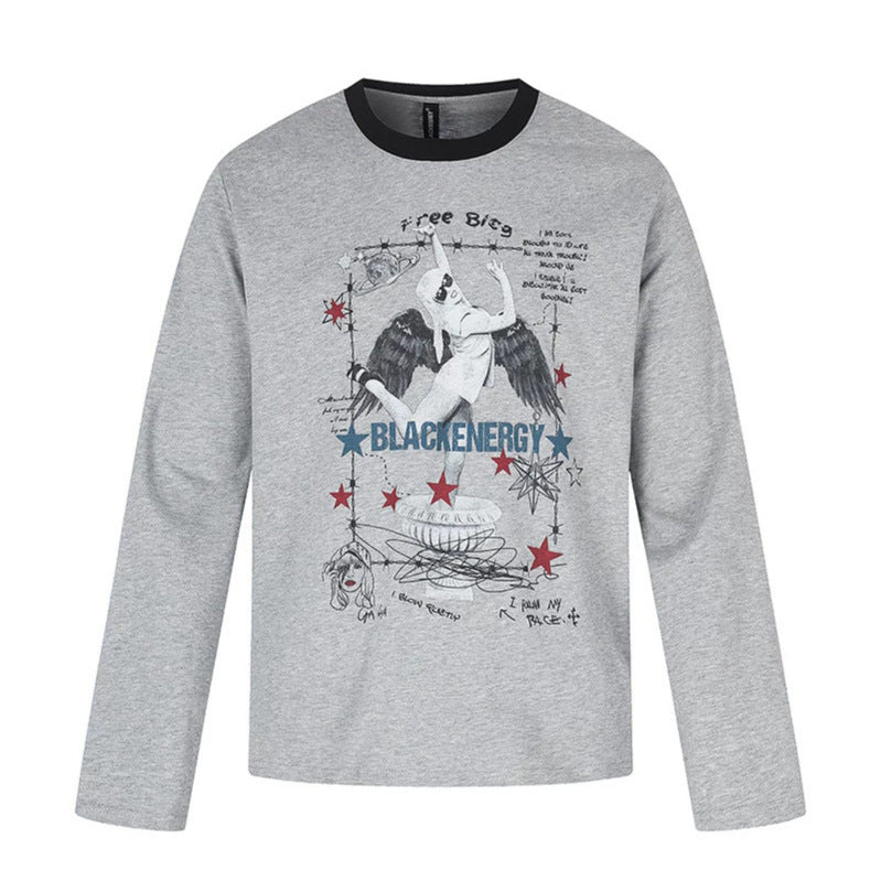 Women's long-sleeve shirt with vintage illustration, contrast collar and relaxed fit Amarae